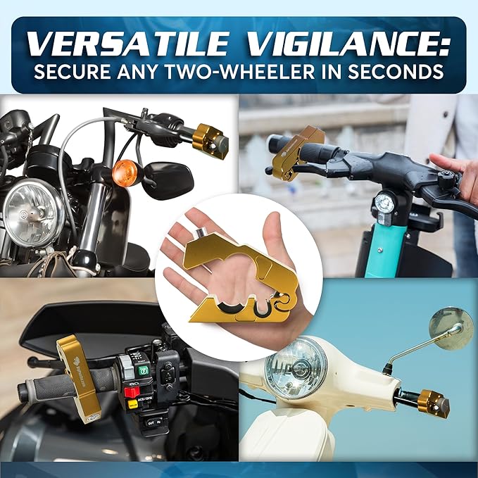 Motorcycle Grip Lock - Heavy Duty Brake/Handlebar/Throttle Security for Bikes, Scooters, Mopeds, or ATVs in Under 5 Seconds! - Anti-Theft W/Free Holster (Gold)