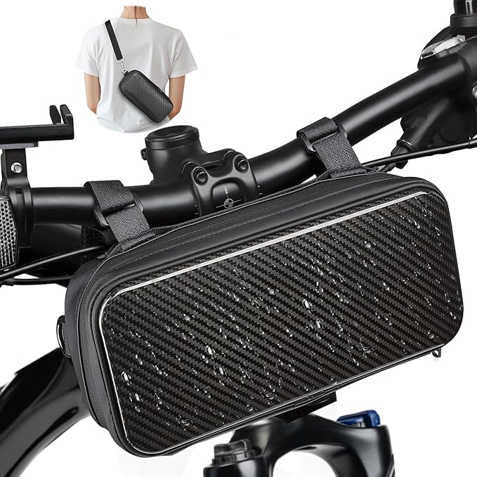 T-carbon Bike Handlebar Bag|Carbon Fibre Compact Bar Bag|Bike Handlebar Storage Pouch Pack with waterproof zip and adjustable straps compatible with Road and Mountain Bike|Glossy Black