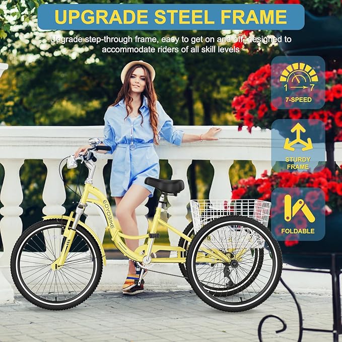 NAIZEA Folding Adult Tricycle - 7 Speed 20/24/26 Inch Folding Tricycle for Adult, 3 Wheel Bike, Foldable Trike with Large Basket/Low-Step Through for Men Women Senior