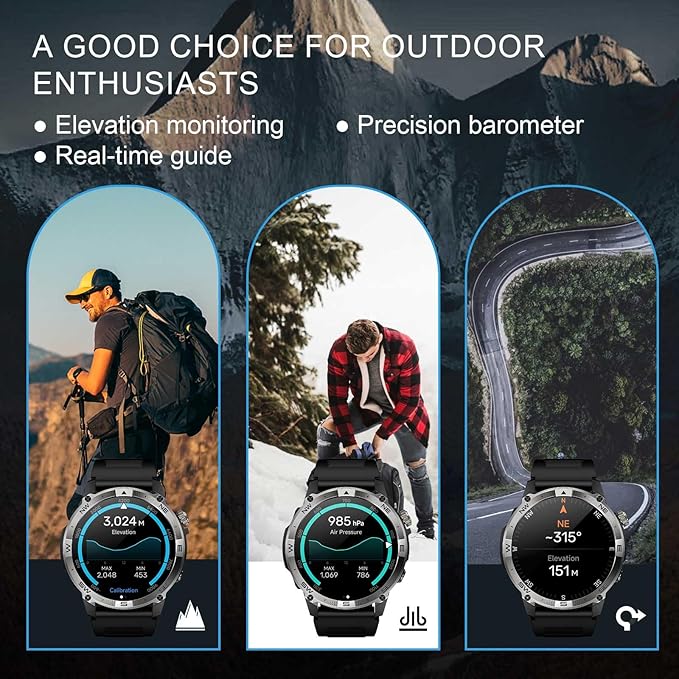 Military Smartwatch for Men, GPS Smart Watches Bluetooth Calls, 1.43" AMOLED Fitness Tracker with 530 mAh Large Battery/3ATM Waterproof/Compass/Air Pressure/Altitude for Android iOS