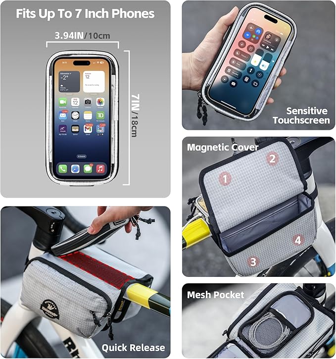 Rhinowalk Bike Frame Bag with Touch Screen Phone Pouch – Waterproof Bicycle Top Tube Bag with Rain Cover, Dual Side Storage for Cycling Accessories (Black)