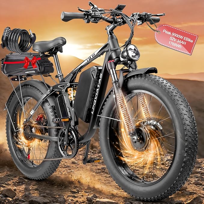 Peak-9000W-Dual-Motor-Electric-Bike for Adults, 52V 34AH Battery Up To 105 Miles, 42-46M PH Fast-Dual-Motor-Ebike,24"*4" Full-Suspension-Women-Men-Fat-Tire-Electric-Bicycle for Mountain Snow Off-Road