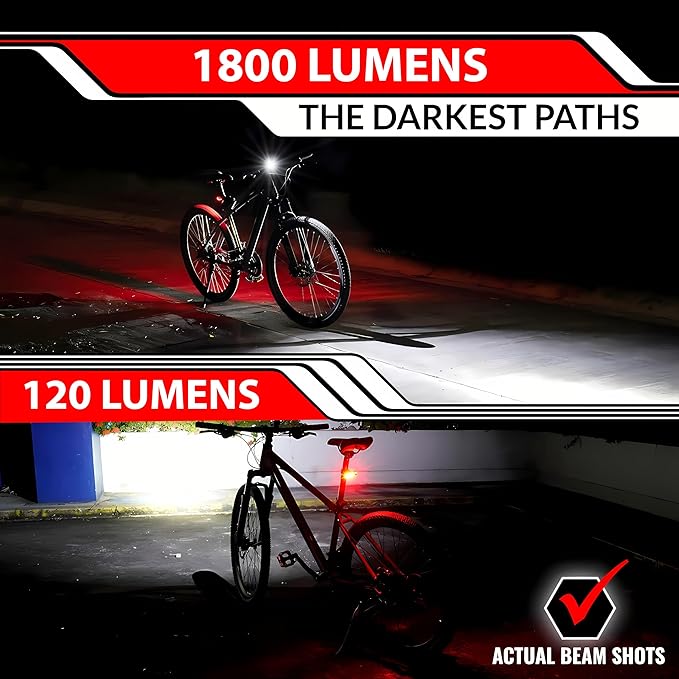 STONEBROOK 1800LM Bike Lights Set, Bicycle Headlight and Tail Light Set, Rechargeable Headlight & 7-Mode Taillight, IP65 Waterproof, Emergency USB Charging,Fahrradlampe for Night Riding