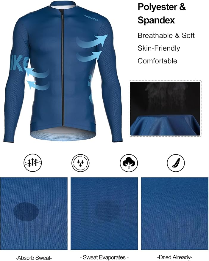 INBIKE Cycling Jersey Men, Long Sleeves Quick Dry Bike Shorts with Pockets, Moisture Wicking Bicycle Tops for Road Biking MTB