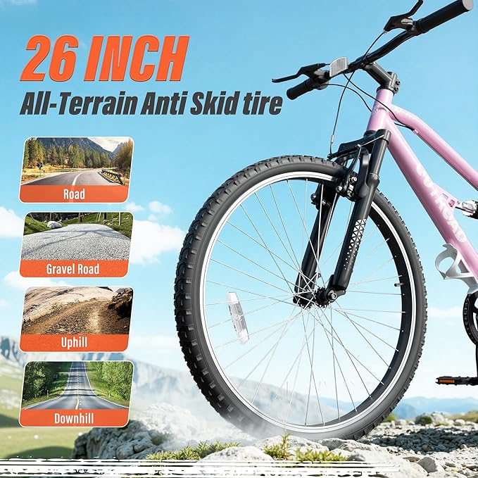 26 inch 7-Speed Commuter Bicycle,Hybrid Bicycle,Men's Cruiser Bike/Mountain Bike V Brake,Metal Frame, Adult Bike (Black, White, Blue, Green, Purple, Pink)