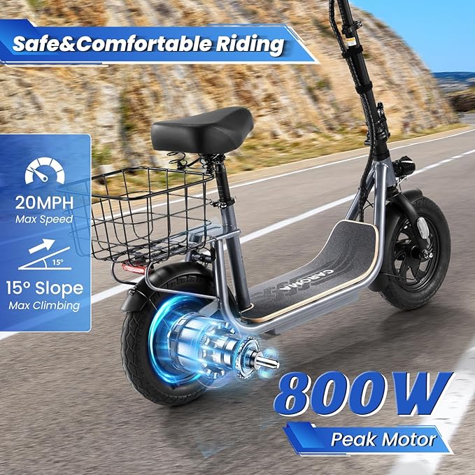 Caroma Peak 1200W/800W Electric Scooter with Seat, 30 Miles Max Range, Electric Scooter Adults, Up to 20MPH Foldable Escooter with Basket,Key Start Adjustable E-Scooter