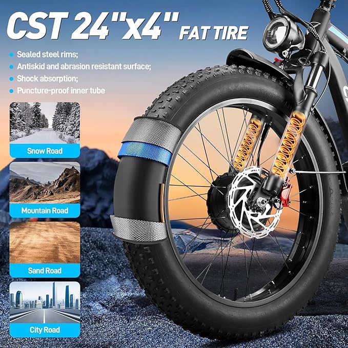 Peak 8000W 58V Max Output Dual Motor Ebike 40-47MPH Electric Bike for Adults 36AH Battery 105 Miles Range 24 Inch Fat Tire Electric Bicycles for Snow Off-Road Commuter Mountain E-Bike