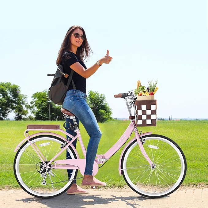 24/26 Inch Foldable Beach Cruiser Bike for Women, 7 Speed Folding Bikes for Adults, Womens City Bike with Basket & Adjustable Seat, Step Through Commute Bikes for Women Adults