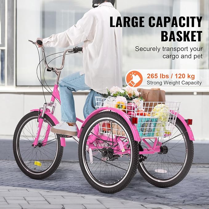 VEVOR Folding Adult Tricycle,Adult Folding Trikes, 3 Wheel Cruiser Bike with Large Basket & Adjustable Seat, Shopping Picnic Foldable Tricycles for Women, Men, Seniors