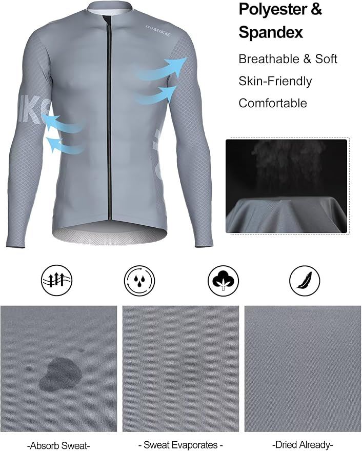 INBIKE Cycling Jersey Men, Long Sleeves Quick Dry Bike Shorts with Pockets, Moisture Wicking Bicycle Tops for Road Biking MTB