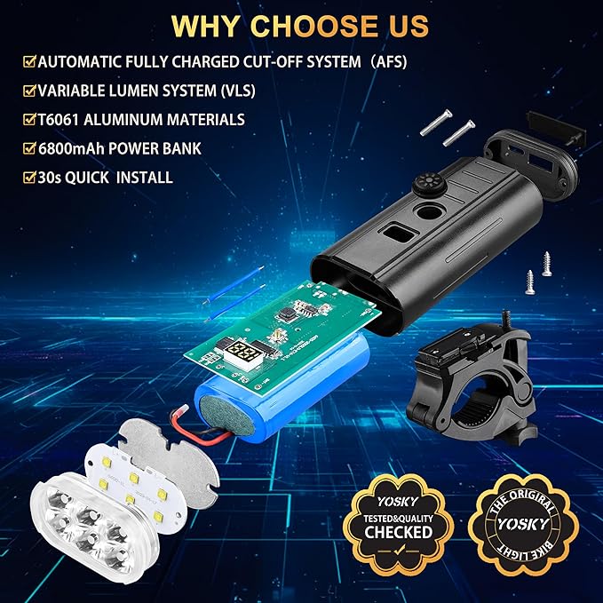 Yosky True 2000 Lumen Bike Lights for Night Riding EVO 6800mAh 6 LED Bike Headlight and Tail Light Set Rechargeable Bike Light Front and Back for Road Mountain Bike, Waterproof Safety Light