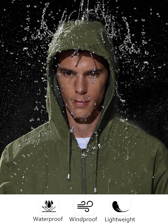 Mens Rain Jacket Raincoat Windbreaker Running Waterproof Lightweight Packable with Hood Travel Hiking Cycling