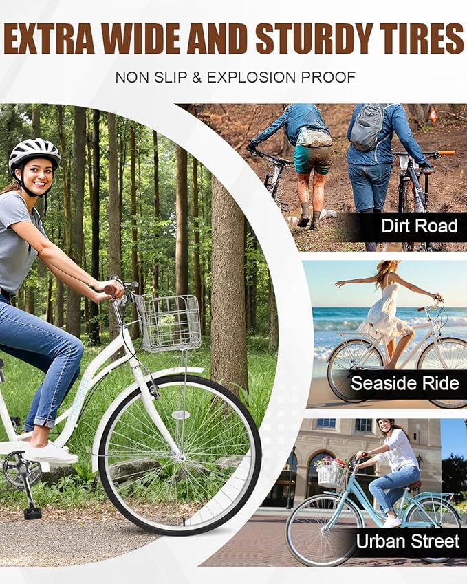 Ktaxon Women Bike 24/26 Inch Bicycles for Women, Beach Cruiser Bike with Premium Derailleur & Shift Lever, Adjustable Seat, High-Carbon Steel Frame and Excellent Welding Technology | Premium Derailleur, Shift Lever, Adjustable Seat