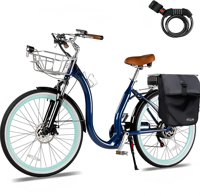 26'' Electric Bike, Peak 1000W Motor 28MPH, 48V 16AH Removable Battery 85Miles, Step Thru City Cruiser Ebike, Lightweight Commuter E-Bike with Aluminum Frame,7-Speed, Full Suspension