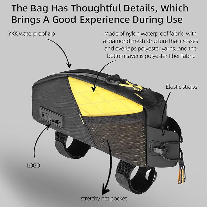 Top Tube Bike Bag Bicycle Frame Bag Front Bike PouchCycling Accessories Bike Pack for MTB,Road Bike,Gravel Two Mounting System (BLACK&YELLOW)