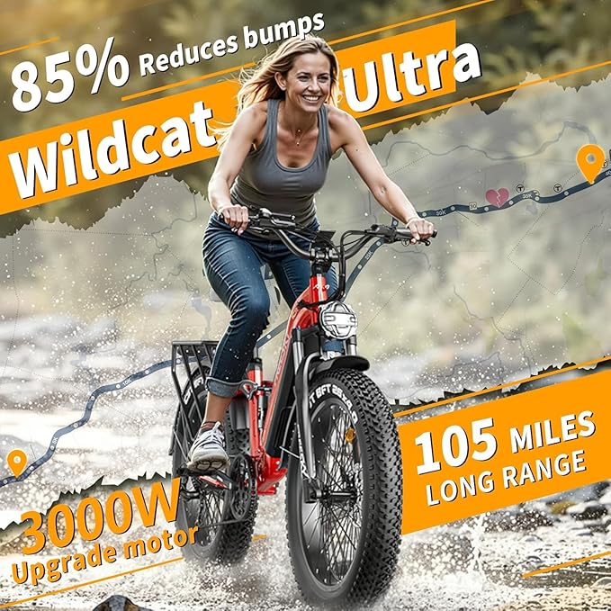 FREESKY Wildcat Ultra 3000W Electric Bike for Adults 105mile Long Range Step-Thru Ebike Motor 37MPH Dirt E Bike 25Ah Samsung Battery 26'' Fat Tire Electric Bicycle Full Suspension for Commute