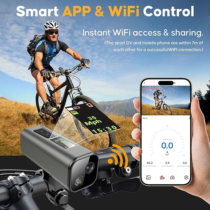 Action Camera 4K 30fps with GPS Tracker, Wireless Bike Camera, Cycling Speedometer/Odometer, Free 64G Card, Anti-Shake Sport DV, IP65 Waterproof, Bicycle Light, Cycling Computer with APP Support, Grey