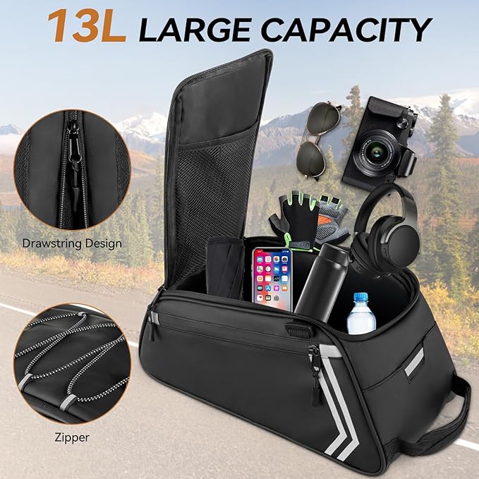 veimia Bike Rack Bag, 13L Waterproof PVC Bicycle Rear Seat Saddle Bag with Multiple Pockets, Compact Cycling Storage Bag for Rear Rack Commuter Road Mountain Ebike, Simple Installation, Black
