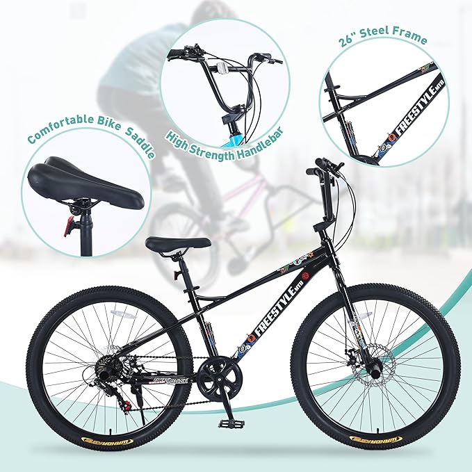 Freestyle Teen Bike Double Disc Brakes 26 inch BMX Bike High-Aluminum/Carbon Steel Frame, for for Teen Bike and Adult Bikes, with 2 Pegs, Bicycles for Men and Women, Multiple Colors
