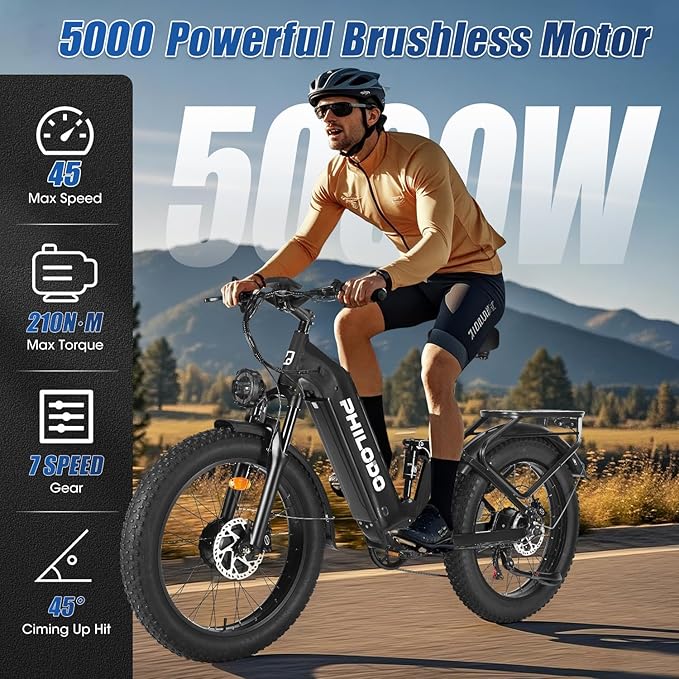 PHILODO Electric-Bike for Adults, Dual-Motor-Ebike Hunting-Ebike 5000W, 60V 32AH Long Range Dirtbike, Fat-Tire-Electric-Bicycle, Full Suspension for Off-Road Snow Sand
