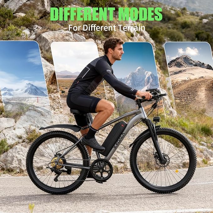 26'' Electric Bike for Adults 1200W Peak Motor 55 Miles Long Range 25MPH Commuter E-Bike with 7 Speed Gears IPX7 Waterproof Pedal Assist Electric Mountain Bicycle for Men