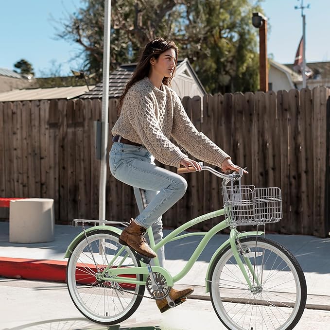 ACEGER 24 26 Inch Women Beach Cruiser Bike, Single Speed and 7 Speed, Adult Hybrid Bike Commuter Bicycle, Hi-Ten Steel Frame with Adjustable Handlebar and Saddle, Multiple Colors