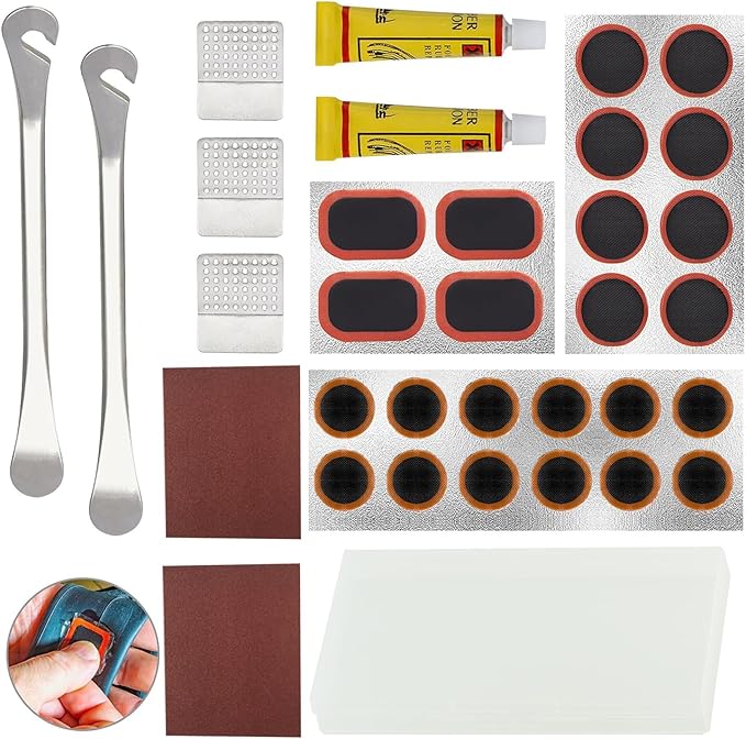 Bike Inner Tire Patch Repair Kit, with 24 PCS Vulcanizing Patches,Portable Storage Box, Metal Rasp and 2 Premium Stainless Steel Levers - Also for Road Mountain Bicycle Trave