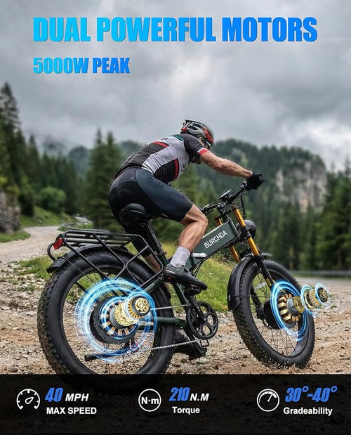 2026 Upgraded Dual Motors AWD Electric Bike for Adults 5000w/3000W/1500W Motor Dirt Ebike 40MPH/30MPH 52V/48V 30Ah/20Ah Battery Up to 90 Miles Long Range 26" Fat Tire Bicycle for Commute Mountains
