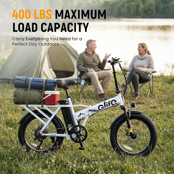 Qlife Hunter Foldable Electric Bike for Adults, Peak 1200W Ebike with 48V 13.5Ah Battery, 65-Mile Range, Heavy-Duty Rear Rack, 20-Inch Fat Tires, Folding E Bike for Commuting & Outdoor Use
