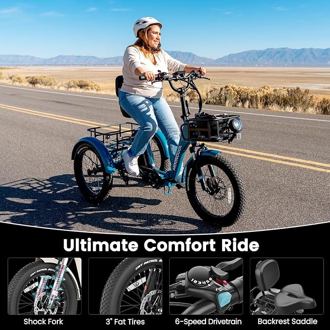 MOONCOOL Electric Trike for Adults, 500W/750W 48V Electric Tricycle for Adults Peak Power 1500W, 20"x3.0" Fat Tire 3 Wheel Electric Bike, Folding Aluminum Adult Tricycle with Removable Battery