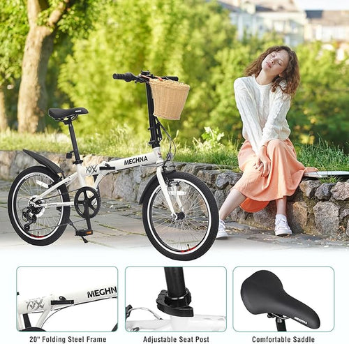20 inch Folding Bike 6 Speed V Brake City Commuter Bicycle with Basket Mudguard for Men Women Daily Commuting