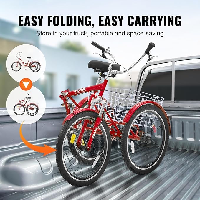 VEVOR Folding Adult Tricycle,Adult Folding Trikes, 3 Wheel Cruiser Bike with Large Basket & Adjustable Seat, Shopping Picnic Foldable Tricycles for Women, Men, Seniors