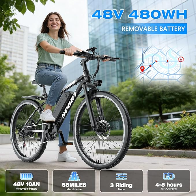 Electric Bike for Adults, 1500W Peak Motor, Up to 25 MPH, 65 Miles PAS Range, 48V 10Ah Removable Battery, Advanced Front Suspension, 7 Speeds, Compact Electric Mountain Bicycle, 26" Commuting Ebike