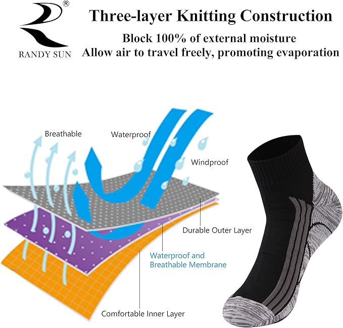RANDY SUN Waterproof Socks, Unisex Cycling/Hunting/Fishing/Running Ankle Socks 1&2 Pair