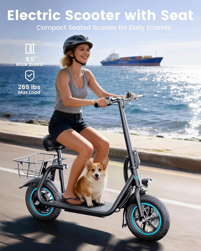 C1 Electric Scooter with Seat for Adults, 450W Motor, 20-Mile Range, 16MPH, Foldable Commuter E-Scooter with Basket for Grocery, Pets, and Daily Commute– Matte Black