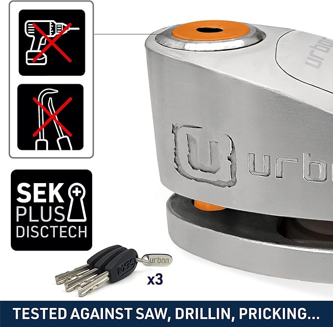 URBAN UR910S Approved Motorcycle Disc Lock with Hi-Tech Alarm | 120dB, X2 ON | SRA & Sold Secure Gold Tested Anti-Theft for Motorbike Scooter Bike | 10mm Double Locking, Stainless Steel