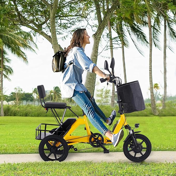 E Trike Electric Bike, 350W(Peak 500W) Brushless Motor Folding Trike, 2 Seats Ebike, 480Wh Removable Battery, Step-Thru 3 Wheel Electric Bicycle, Up to 45 Miles, Tricycle for Adults Parents