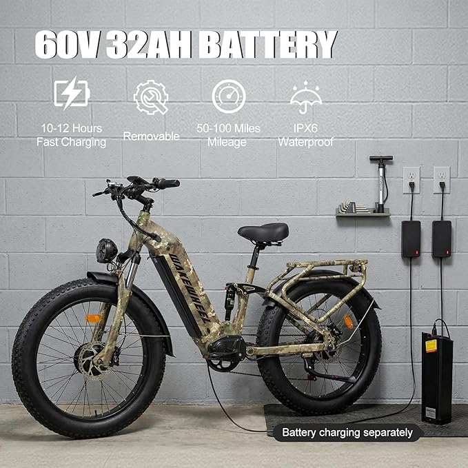 8000w Electric Bike for Adults, 60V 32Ah Battery Ebike, Fat Tire & Long Range Electric Bicycles, 210Nm Mountain Bike Full Suspension, Hydraulic Brake Electric Bicycle