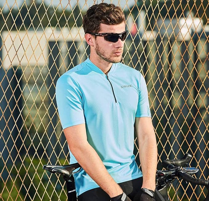 Santic Men's Cycling Jersey Short Sleeve Tops Pro Road Bike Shirt Full Zipper UPF 50+ MTB Jersey with Pockets