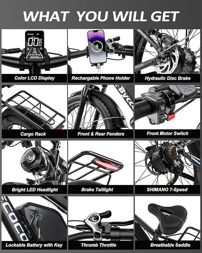 6000W Electric Bike for Adults, 52V 32AH Dual Motor E-Bike, Up to 100Mile & 45MPH All-Terrain Fat Tires Full Suspension 24/26 Inch Electric Bicycles Hydraulic Disc Brake for Road UL2849 by SGS
