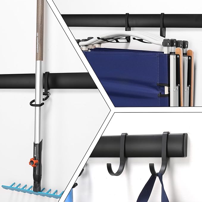 Wall-Mounted Rack With 6 Garage Hooks, Heavy-Duty Aerospace-Grade Aluminum Alloy Hooks Garage & Garden Storage for Shed, Workshop, or Home Organization – For Rakes, Shovels, Tools & More
