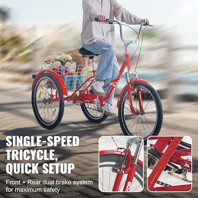VEVOR Folding Adult Tricycle,Adult Folding Trikes, 3 Wheel Cruiser Bike with Large Basket & Adjustable Seat, Shopping Picnic Foldable Tricycles for Women, Men, Seniors