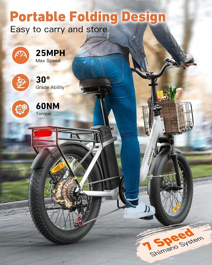 Electric Bike, 1000W Peak Folding Electric Bike, 486Wh 70 Miles Range Ebike, Waterproof Removable Battery, 7 Speed, 25 MPH Max, 20" Step-Thru Bicycle with Front Basket