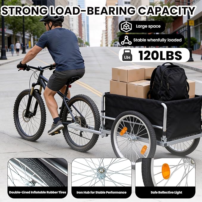 Aluminum Bicycle Trailer, Foldable Bike Cargo Trailer with Universal Hitch, 20'' Wheels, Removable Cover, Folding Frame Quick Release, Ebike Trailers for Camping, Groceries, 120 LBS Capacity, Green