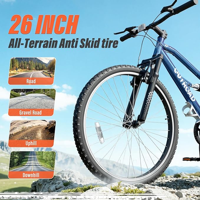 26 inch 7-Speed Commuter Bicycle,Hybrid Bicycle,Men's Cruiser Bike/Mountain Bike V Brake,Metal Frame, Adult Bike (Black, White, Blue, Green, Purple, Pink)