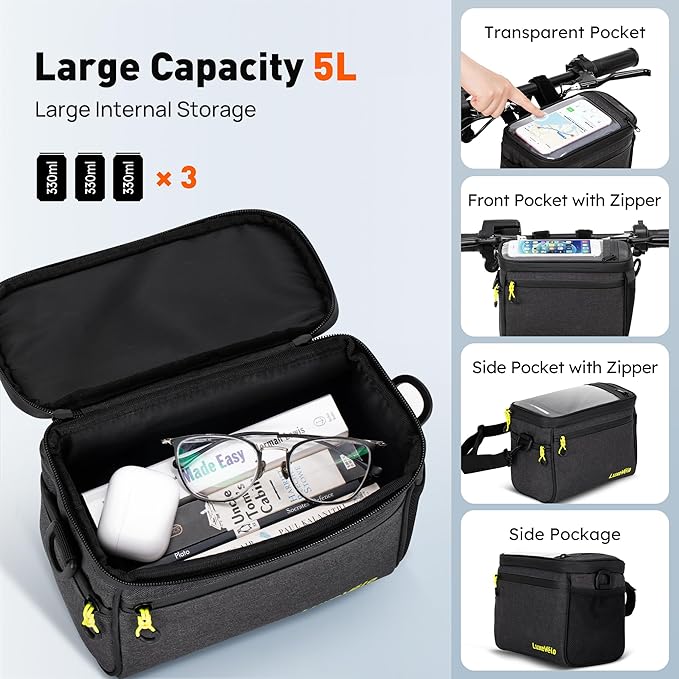 Bike Handlebar Bag Waterproof Front Bicycle Basket Bag 5L Storage Bag with Touch Screen Shoulder Strap, Mesh Pockets, Shoulder Strap,Waterproof Zipper