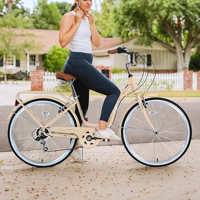 Commuter Bicycle, 26 Inch Ladies Bicycle for Adult, 7-Speed/High-Carbon Steel/Front & Rear Fenders, Ergonomic Upright Design Multiple Colors