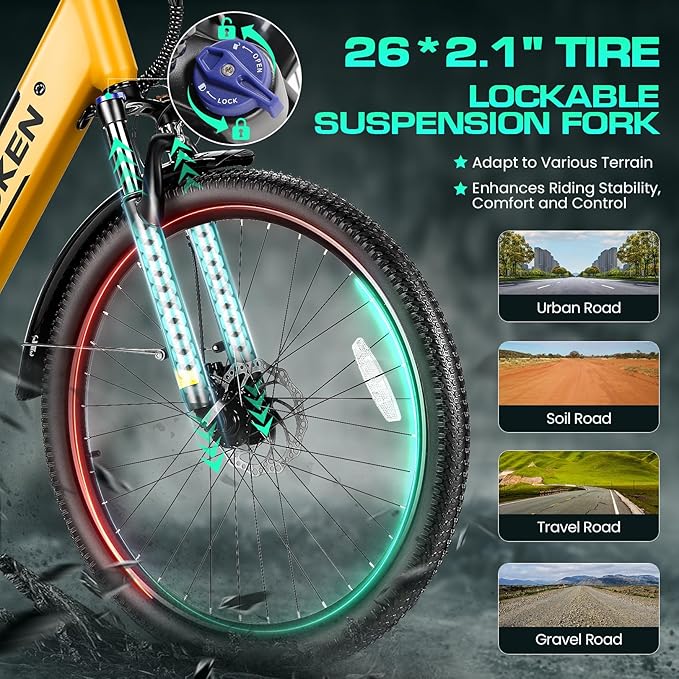Wooken Electric Bike for Adults, 1000W Peak Ebike, 26" x 2.1" Tire Step Through Electric Bike, City Cruiser Ebike with 48V 10.4/15Ah Removable Battery, 7 Speed, SGS Certified to UL2849
