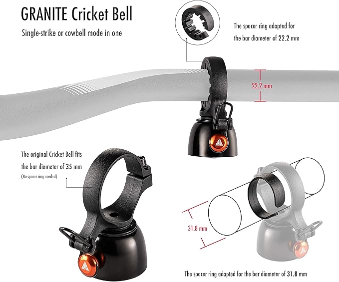 Granite Cricket Mountain Bike Bell with Single-Strike Mode and Constant Cowbell Mode, Bike Bell for Mountain Bike, BMX Bike, Road Bike and Gravel Bike, Bicycle Bell for 22.2mm to 35mm Handlebars