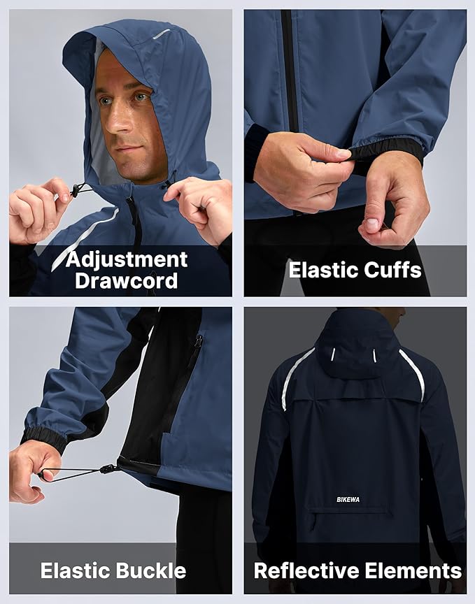 Bikewa Men's Cycling Rain Jackets Waterproof Running Bike Windbreaker Lightweight Packable Hooded Jacket